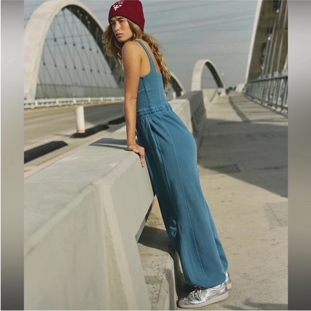 NWT FREE PEOPLE movement Inbound onesie skyline misty blue Jumpsuit w Drawstring - Picture 2 of 7